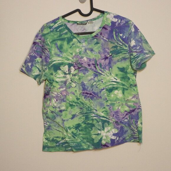 Caribbean Joe Tops - Caribbean Joe Green and purple short sleeved cotton t-shirt, Petite Large